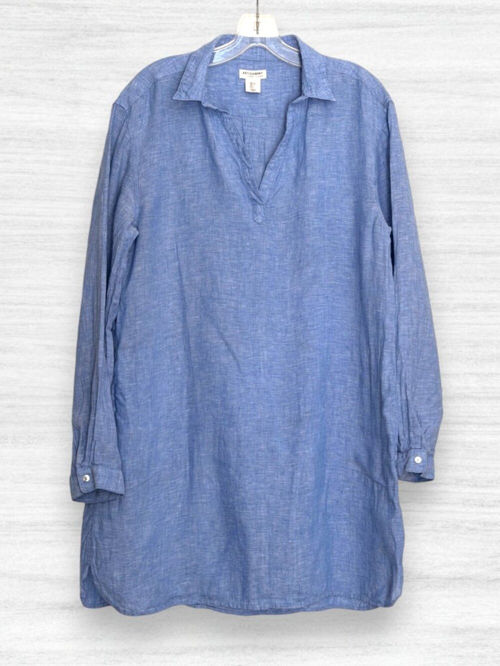 Artisan NY Blue 100% Linen Popover Shirt Dress Tunic Long Sleeve Preppy Beach L